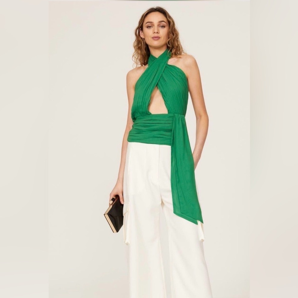 De La Vali Women’s size 2 Green Pareo Twisted Halter Neck Draped Sleeveless Top - Picture 3 of 10